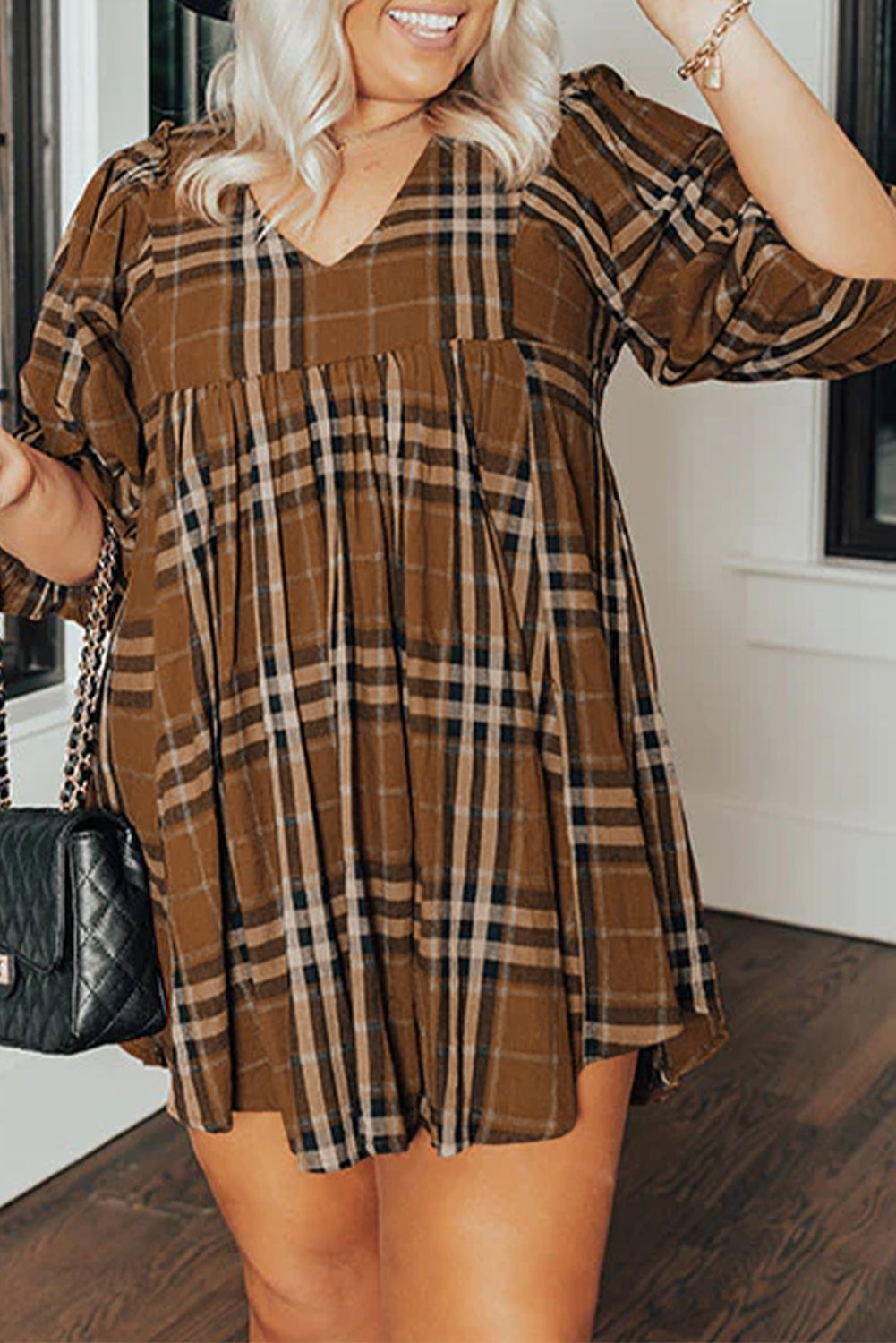 Brown Plus Size Plaid V Neck Babydoll Dress