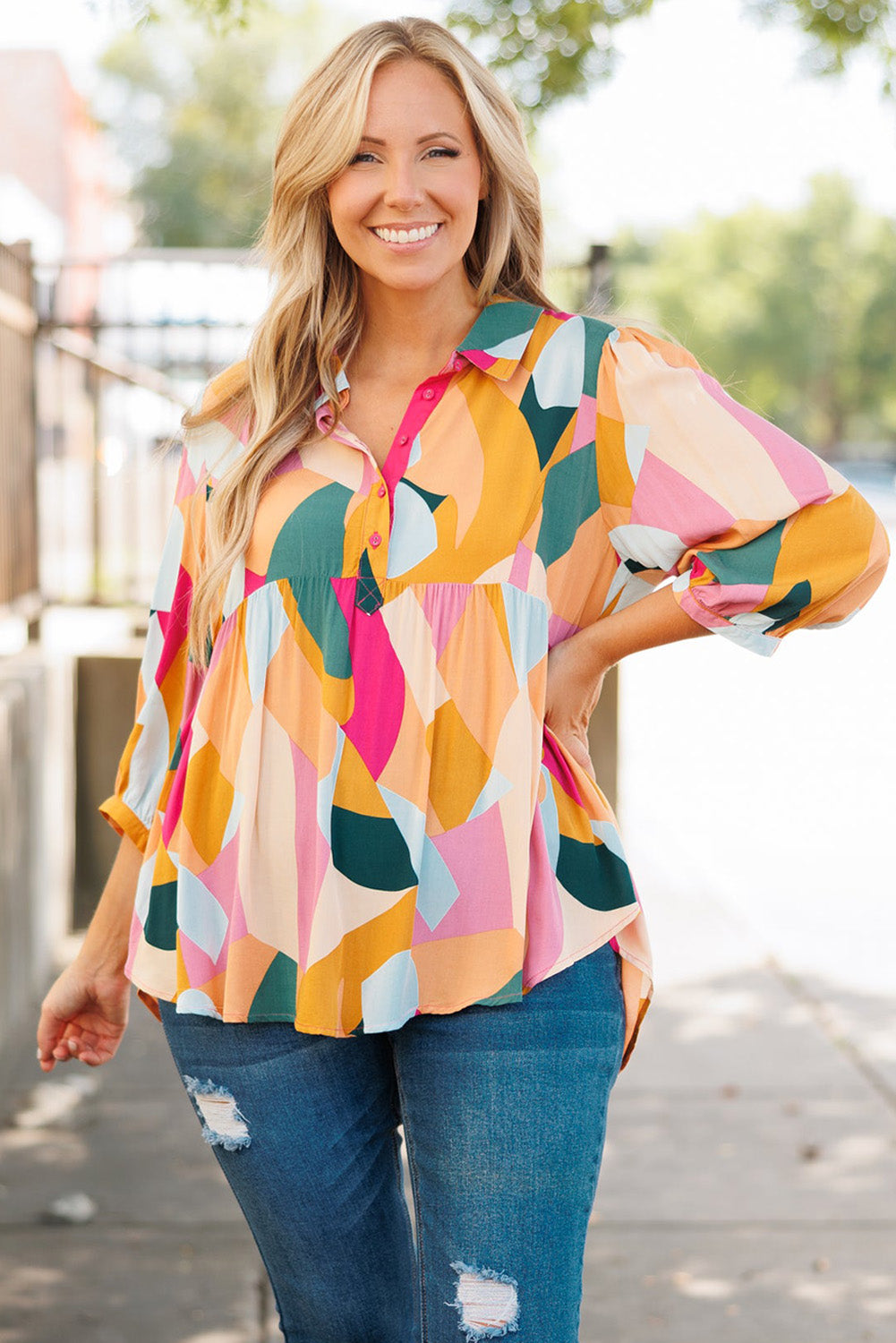 Ginger Plus Size Geometric Print Bracelet Sleeve Flowy Blouse