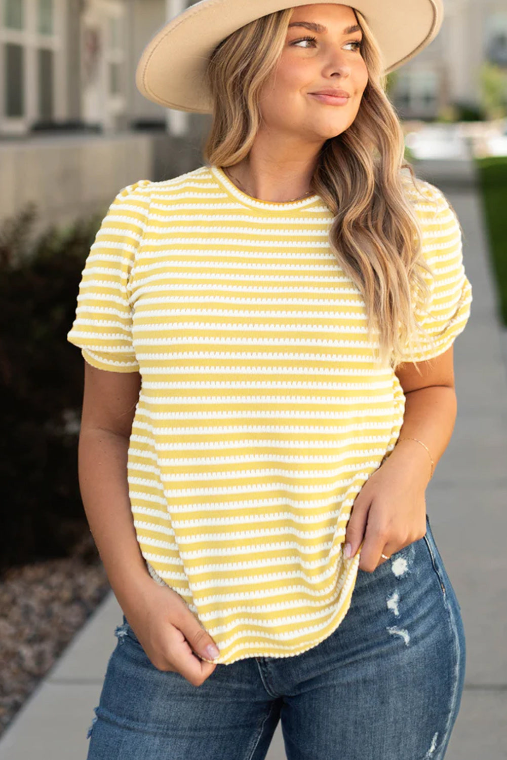 Yellow Stripe Short Puff Sleeve