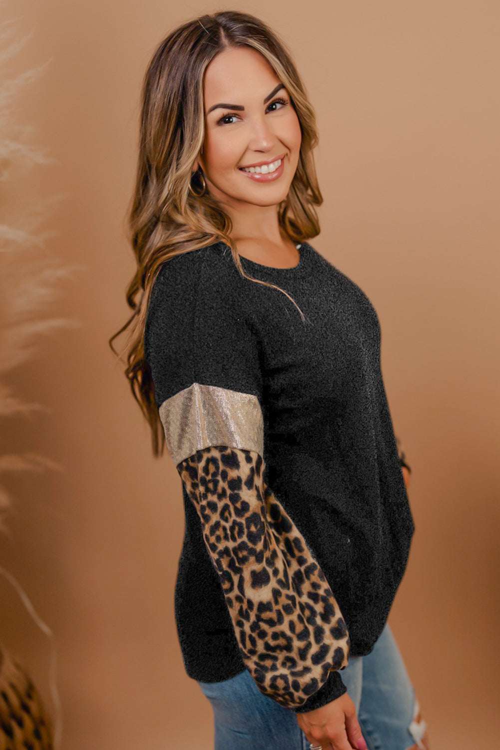 Black Plus Size Leopard Sequin Long Sleeve Top