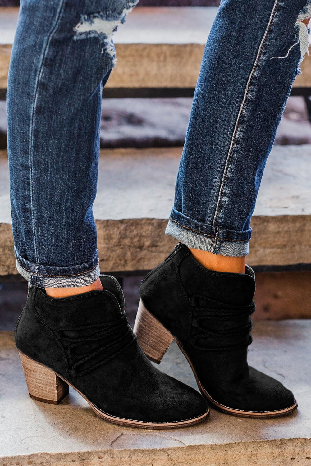 Black Criss Cross Slip On Point Toe Heeled Boots