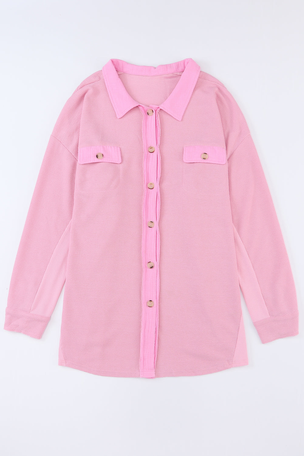 Pink Plus Size Waffle Knit Flap Pocket Long Sleeve Shirt