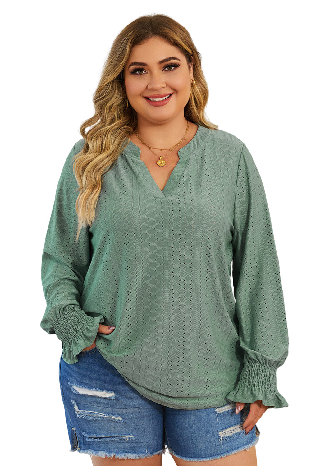 Green Eyelet Jacquard Split Neck Flounce Sleeve Plus Size Blouse