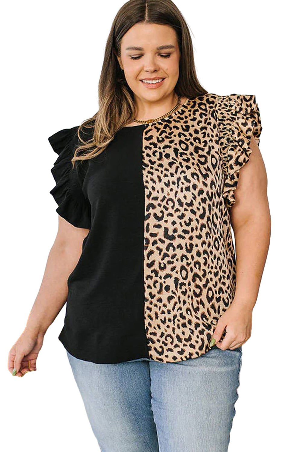 Black Leopard Contrast Plus Size Ruffle Sleeve Top