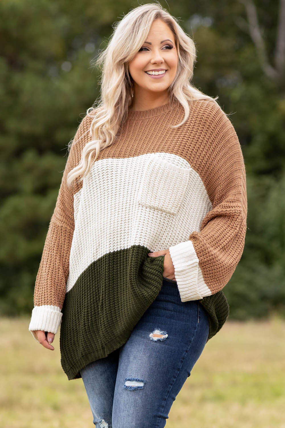 Khaki Color Block Tiered Knit Plus Size Sweater