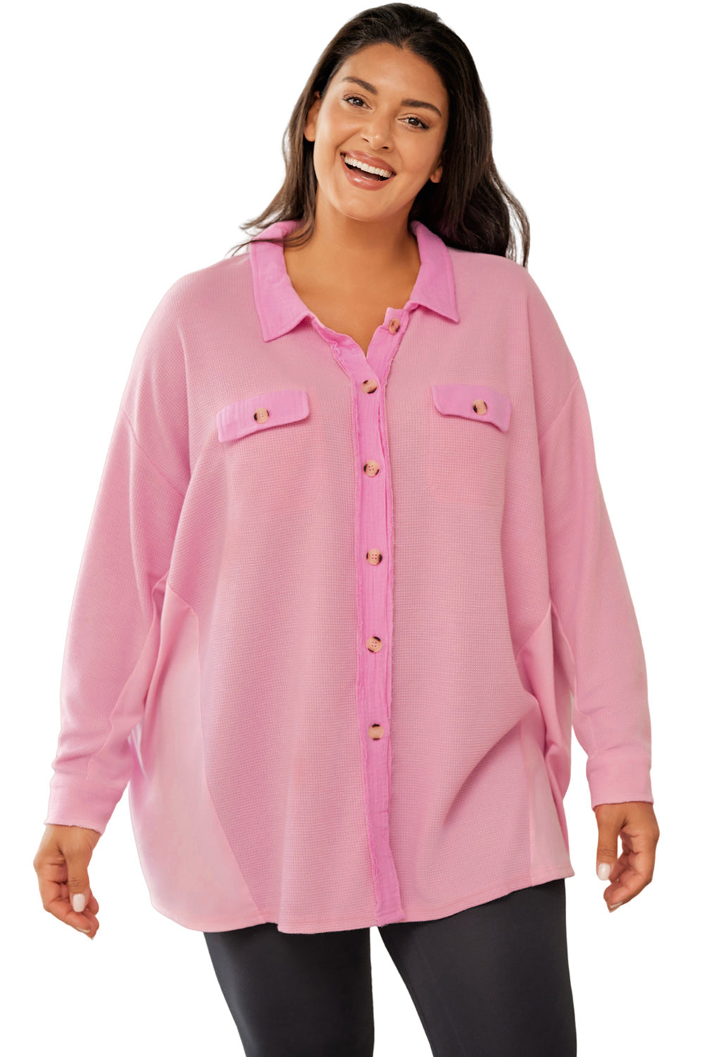 Pink Plus Size Waffle Knit Flap Pocket Long Sleeve Shirt