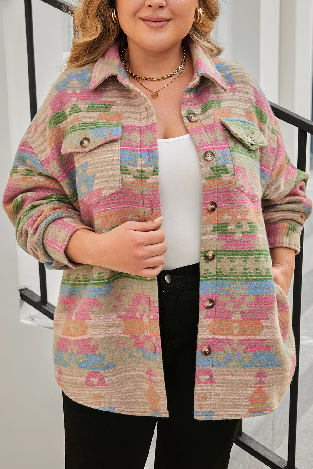 Multicolor Geometric Print Plus Size Flap Pockets Jacket