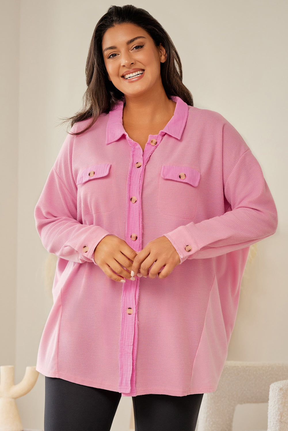 Pink Plus Size Waffle Knit Flap Pocket Long Sleeve Shirt