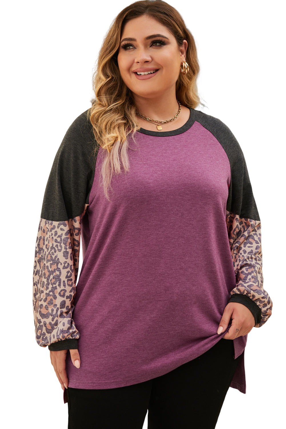 Multicolor Leopard Colorblock Long Sleeve Plus Size Top