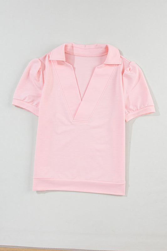 Pink Collared V Neck Puff Sleeve T-shirt