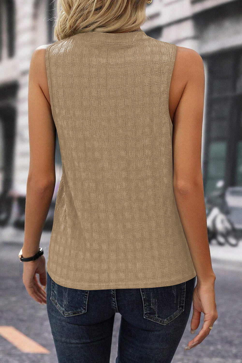 Sea Green Textured Split V Neck Sleeveless Shirt