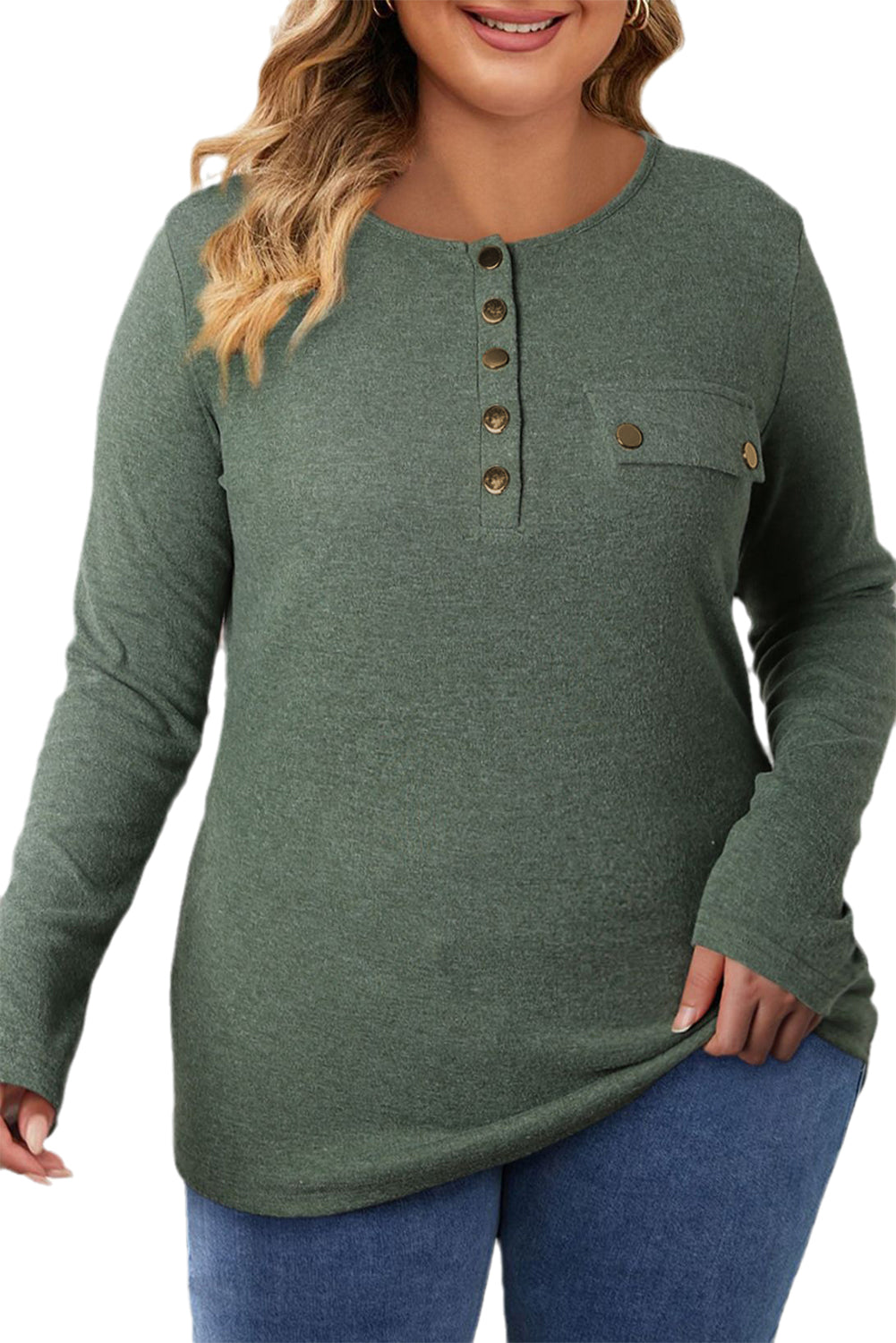 Mist Green Plus Size Snap Button Henley Top