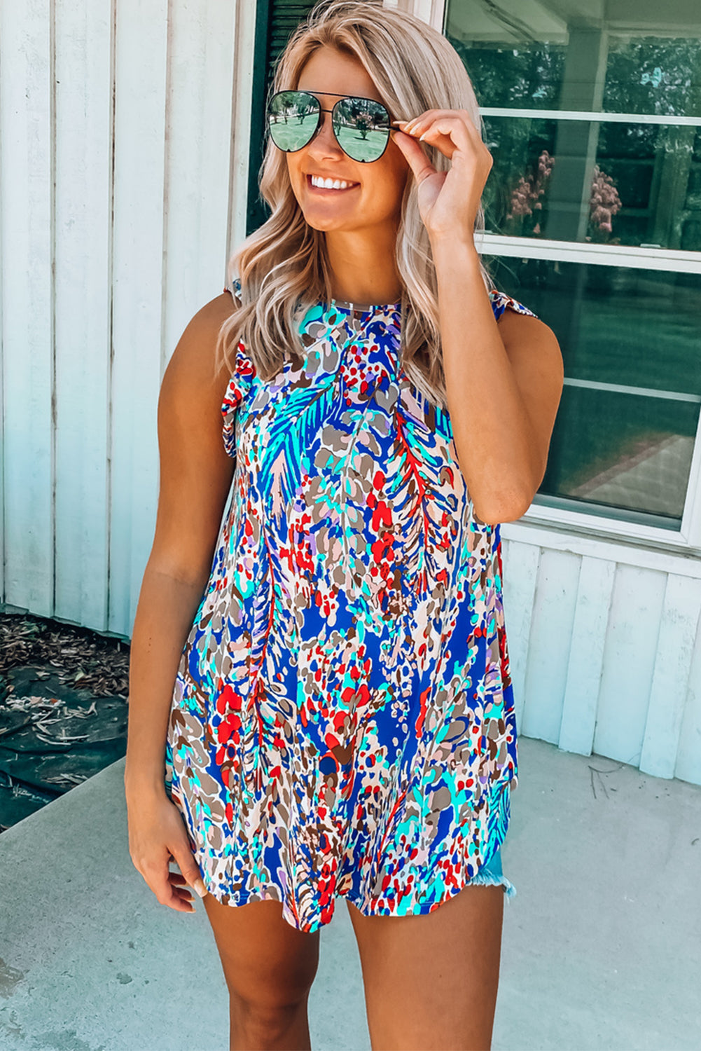 Blue Floral Print Tank Top with Ruffles