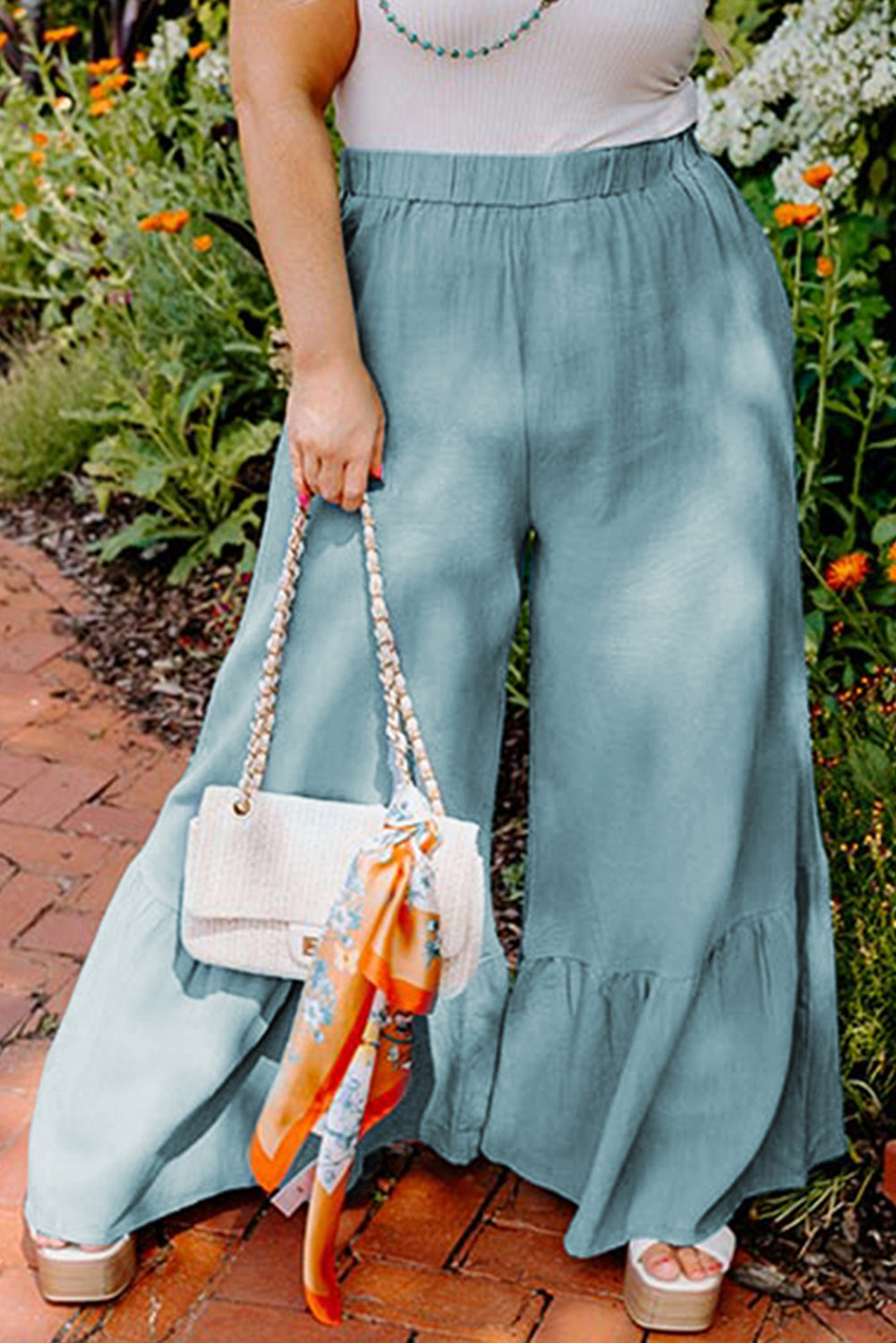 Sky Blue Plus Size High Waist Ruffle Patchwork Wide Leg Pants