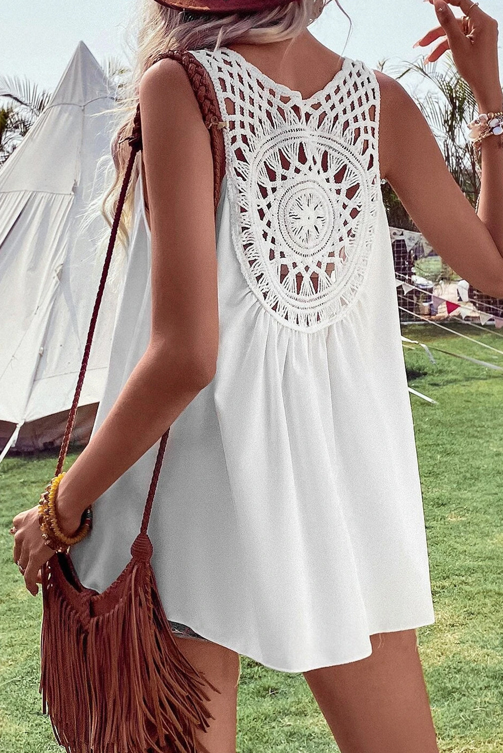 White Bohemian Crochet Sleeveless Tunic Top