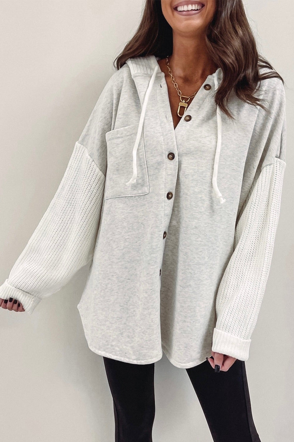 Gray Contrast Knitted Sleeves Plus Size Hoodie