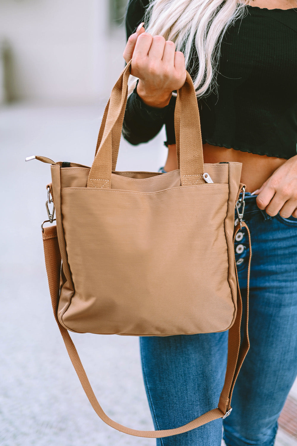 Light Beige Multi Pockets Zipped Large Canvas Shoulder Bag