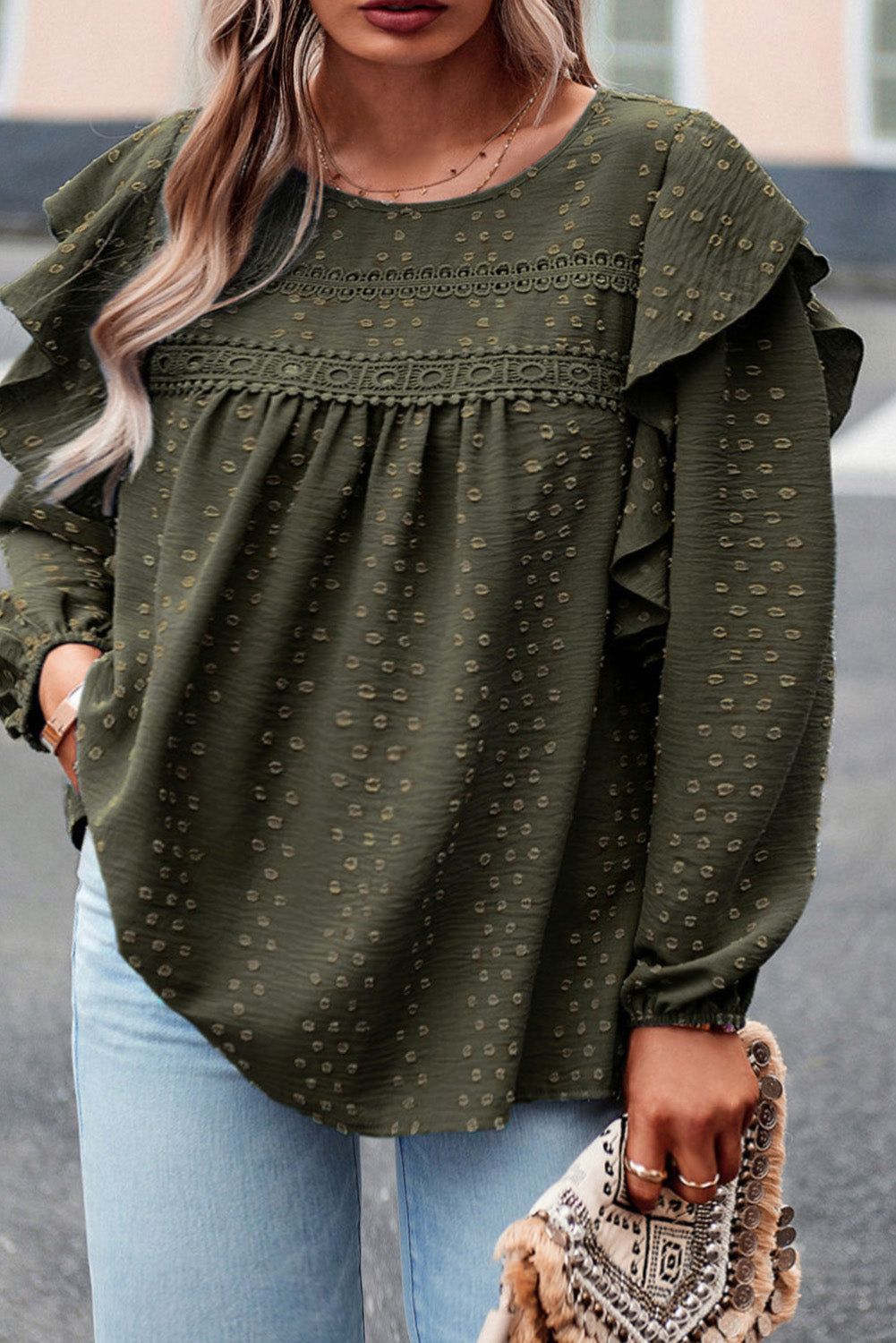 Mist Green Plus Lace Swiss Dot Ruffle Long Sleeve Top