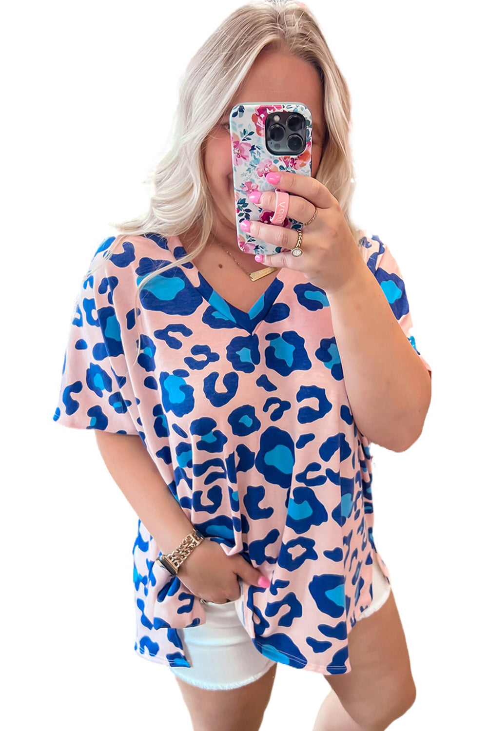 Pink Leopard Print V Neck Plus Size Tee