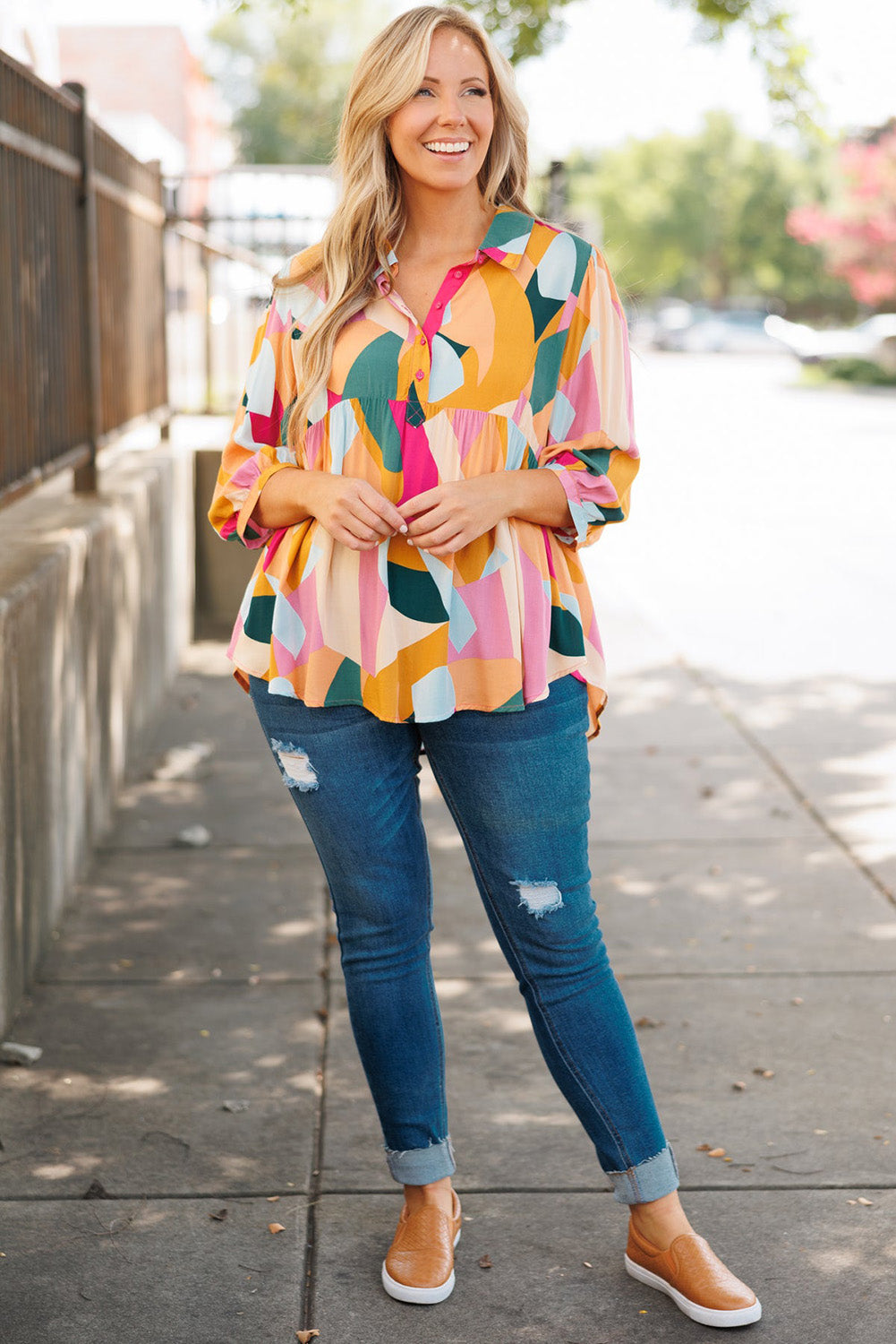 Ginger Plus Size Geometric Print Bracelet Sleeve Flowy Blouse