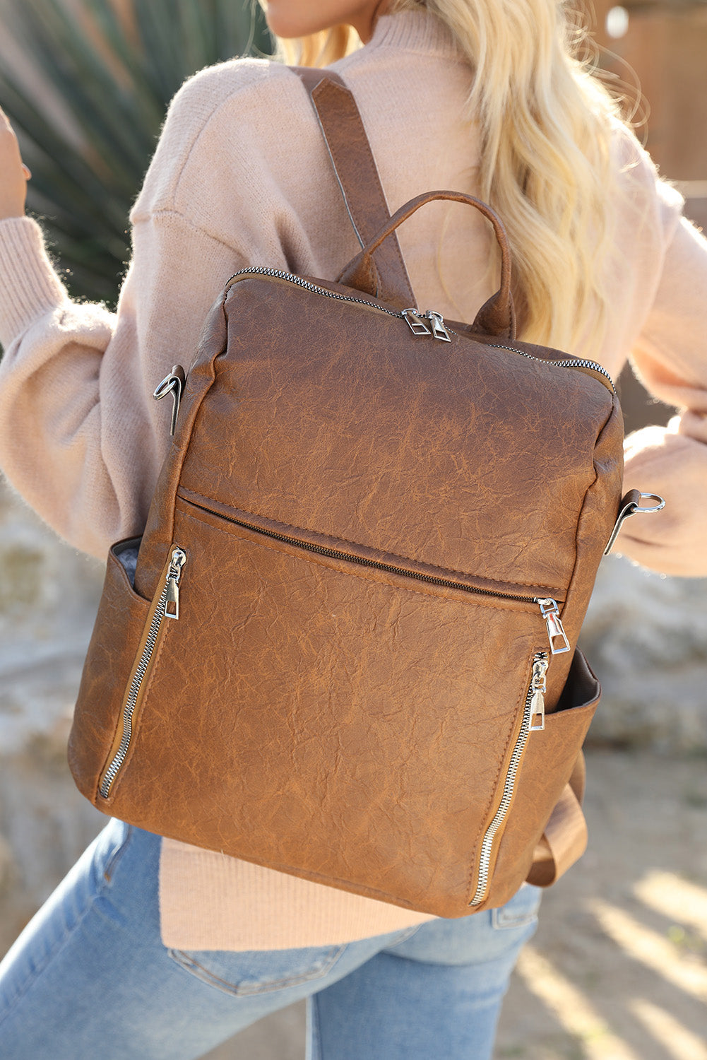 Chestnut Vintage Leather Large Zipper Backpack