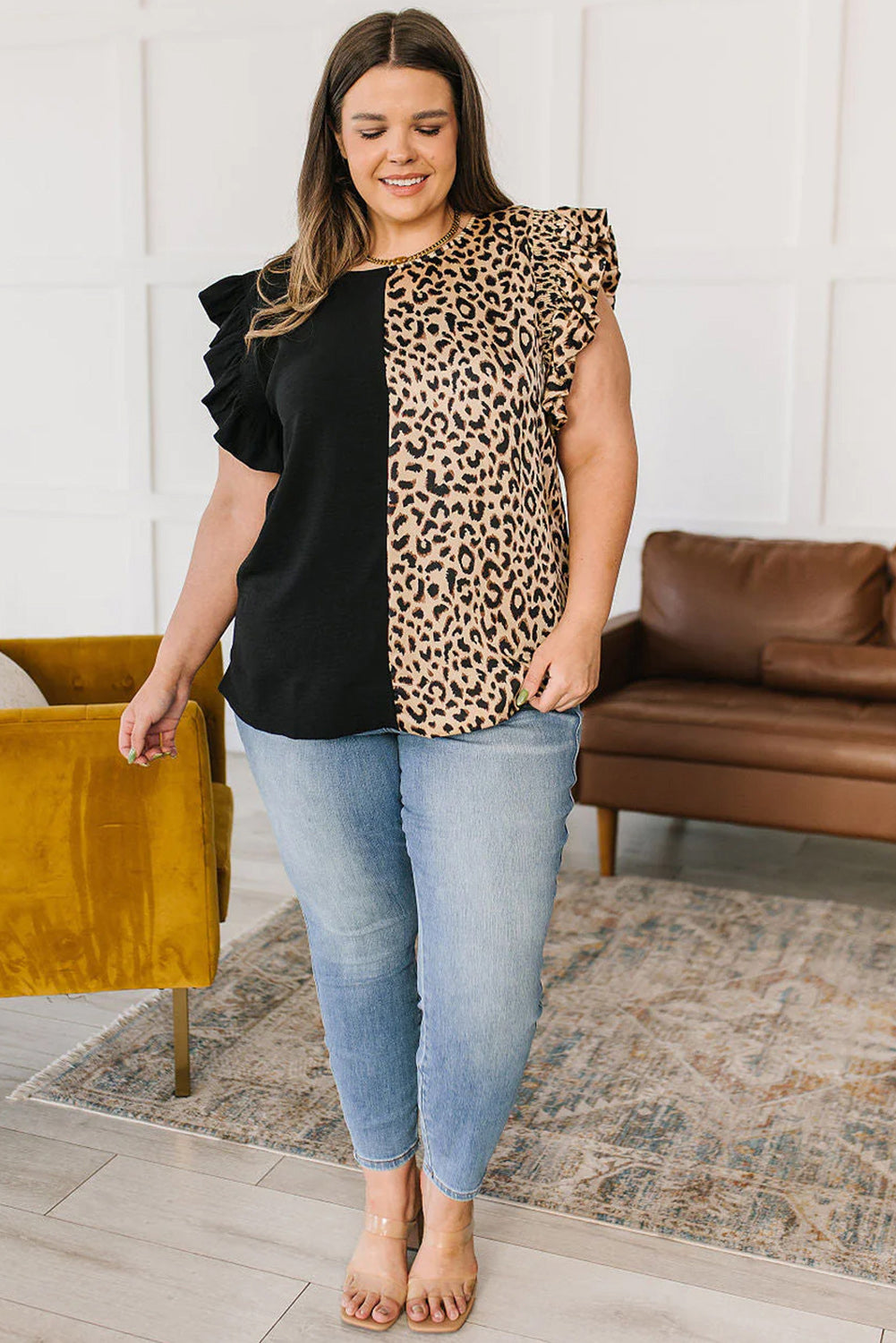 Black Leopard Contrast Plus Size Ruffle Sleeve Top