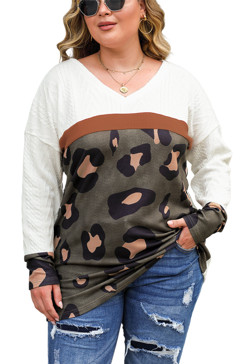 White Plus Size Leopard Print Patchwork Textured Top