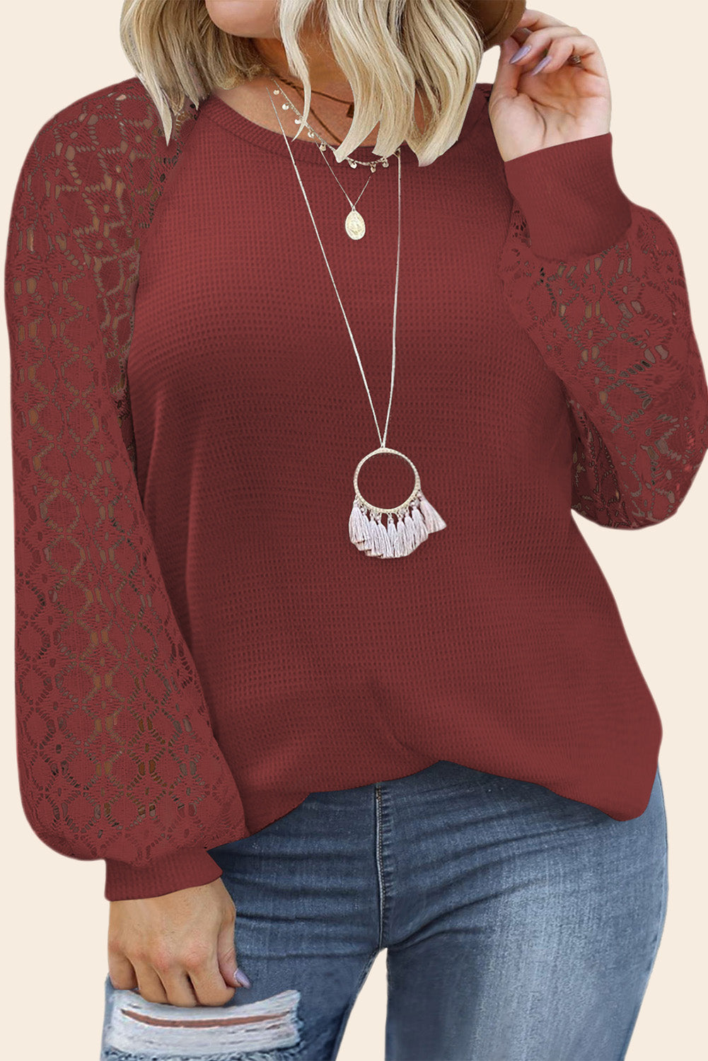 Red Plus Size Contrast Lace Sleeve Waffle Knit Top