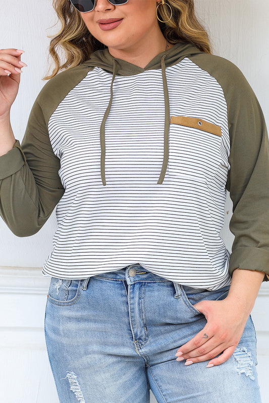 Green Striped Raglan Sleeve Pocket Plus Size Hoodie