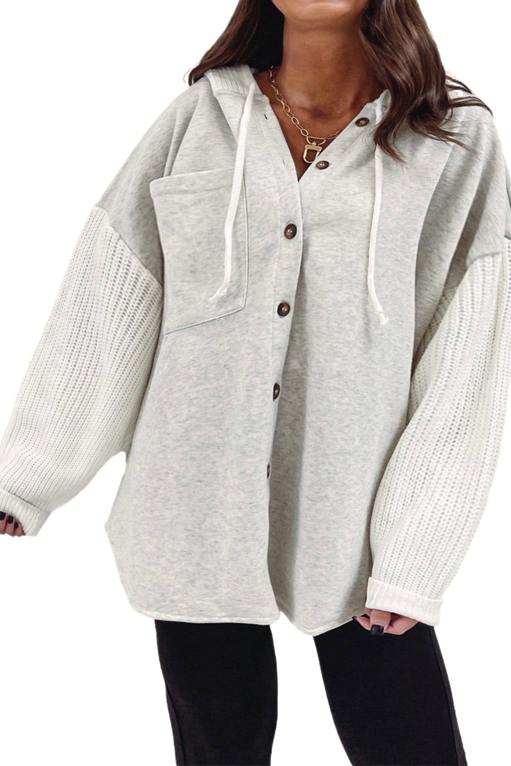 Gray Contrast Knitted Sleeves Plus Size Hoodie