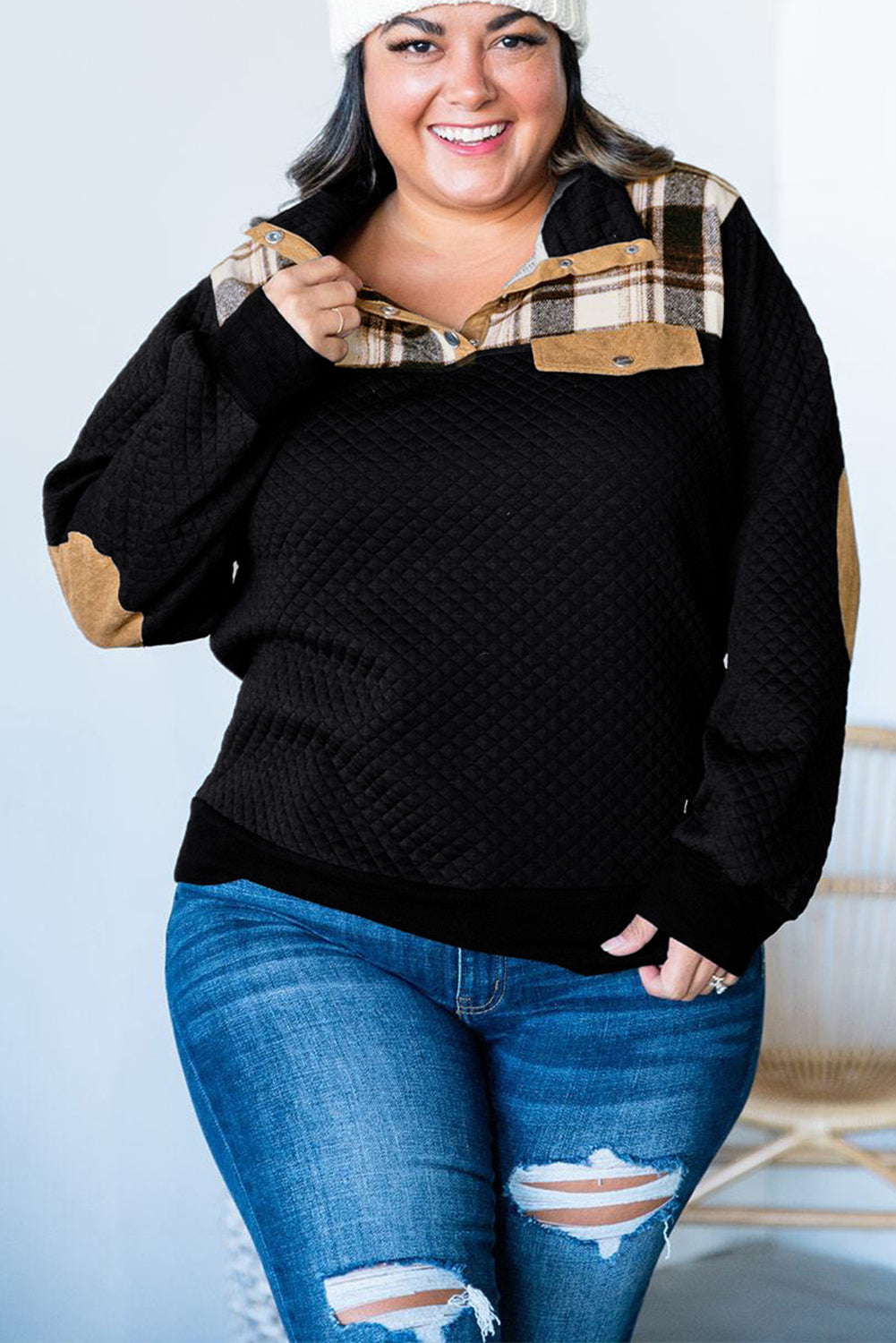 Black Plus Size Quilted Plaid Patch Henley Sweatshirt