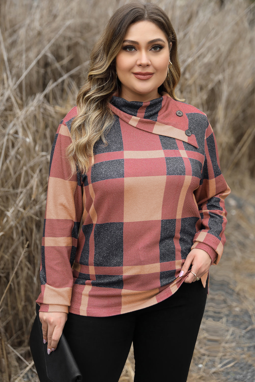 Mineral Red Plus Size Plaid Print Button Decor Asymmetric Neck Top