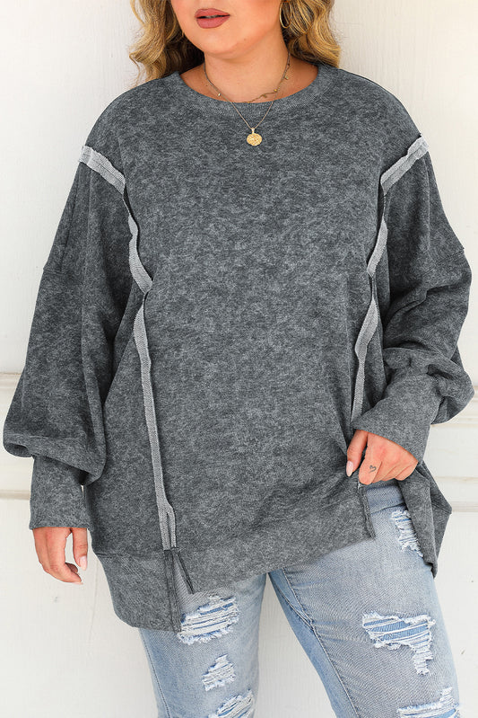 Gray Expose Seamed Acid Washed Split Plus Size Sweatshirt