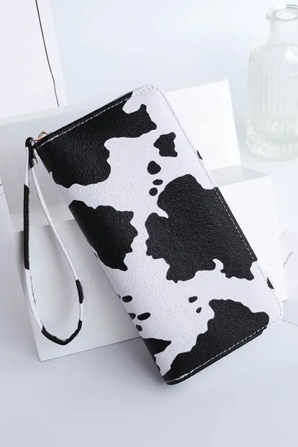 Bright White Black Spots Print Faux Leather Clutch Purse