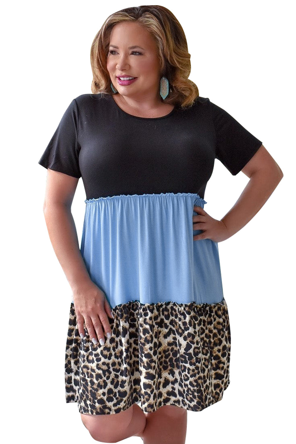 Black & Blue Color Block Leopard Patchwork Plus Size Shirt Dress