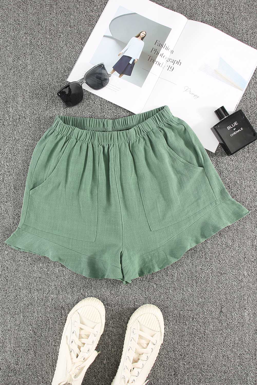 Green High Waist Pocketed Ruffle Shorts