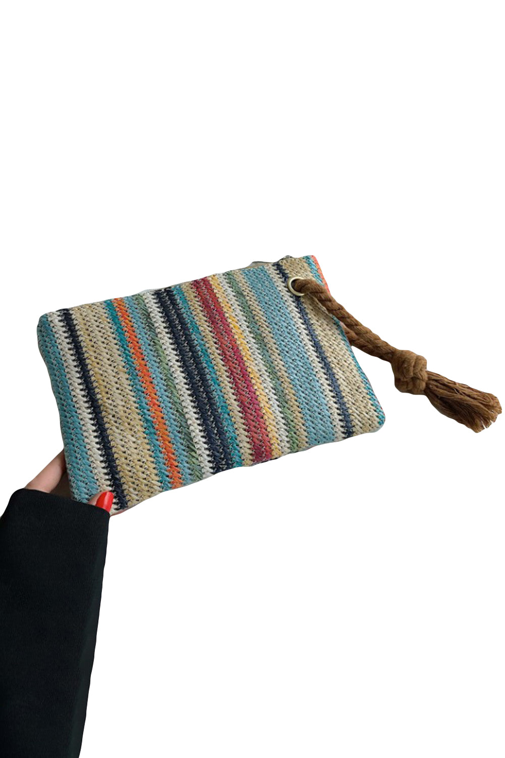 Multicolor Colorblock Zipper Woven Straw Bag