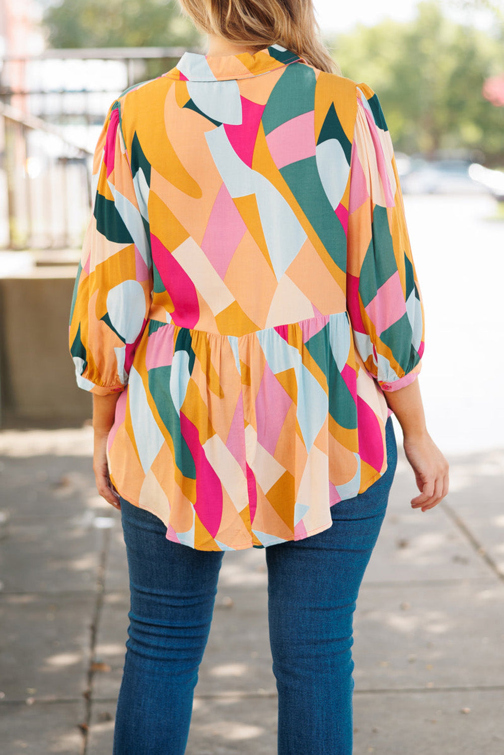 Ginger Plus Size Geometric Print Bracelet Sleeve Flowy Blouse