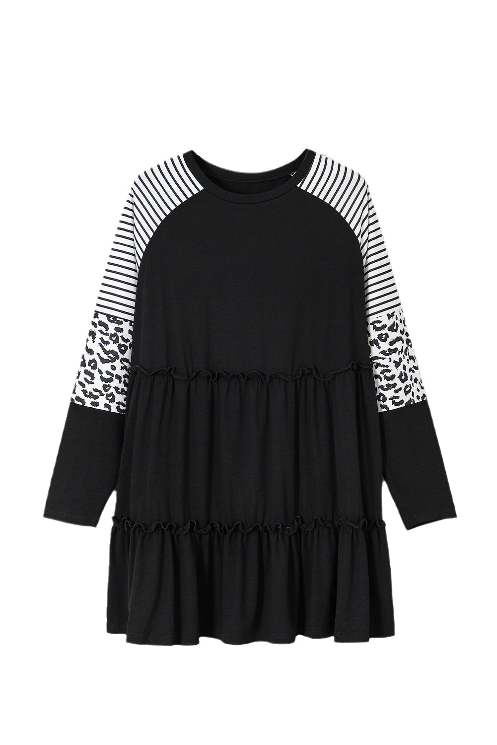 Black Plus Size Striped & Leopard Patch Sleeve Ruffle Tiered Dress