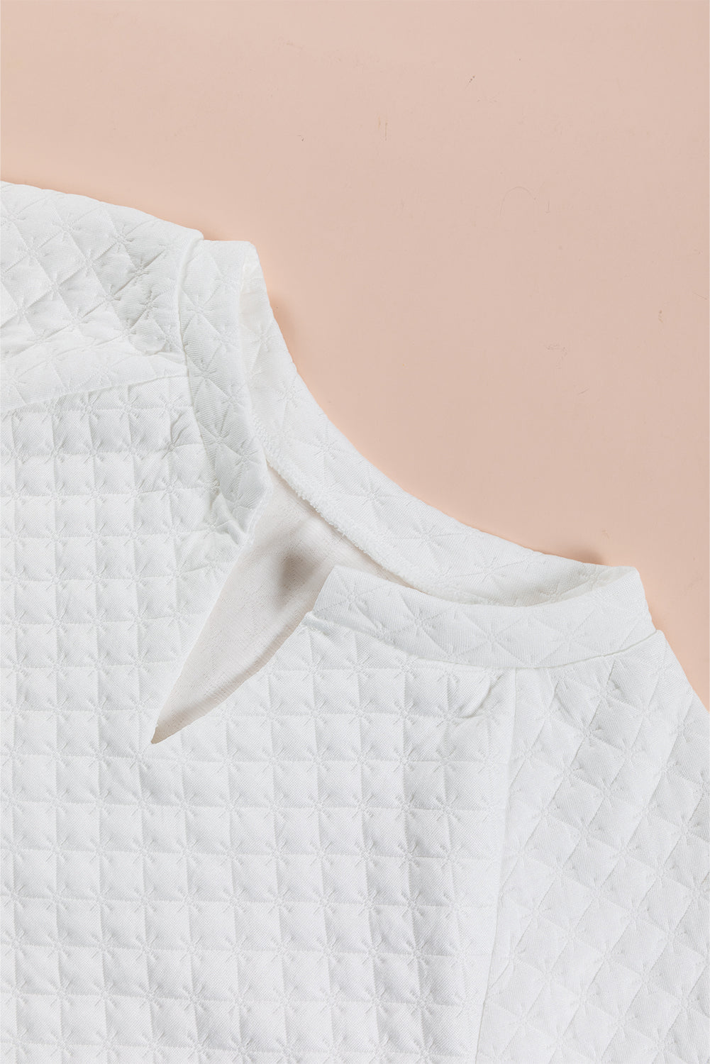 White Split Neck Quilted Long Sleeve Top