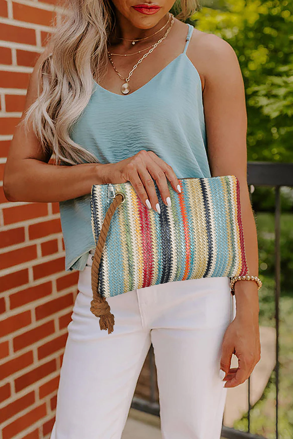 Multicolor Colorblock Zipper Woven Straw Bag