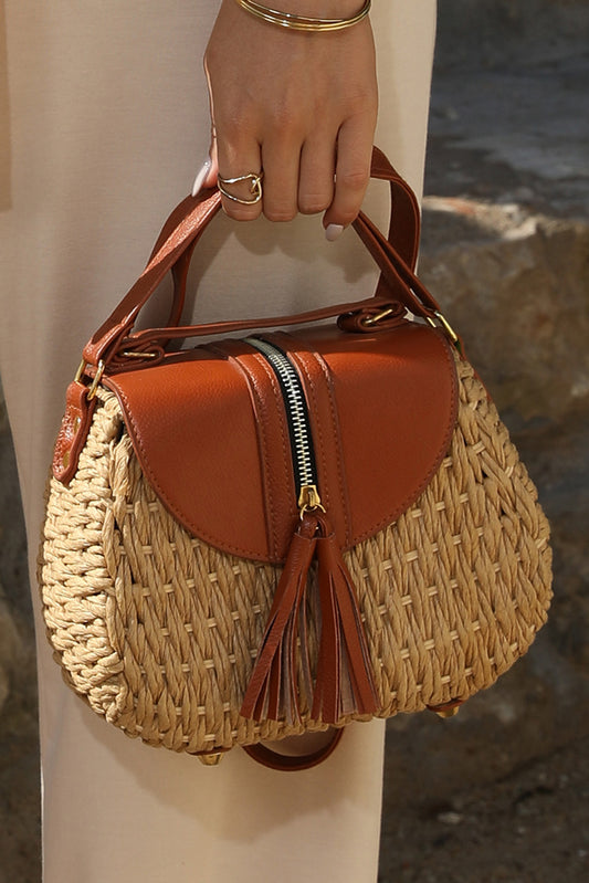 Light French Beige Bamboo Weaving Leather Flap Tassel Shoulder Bag