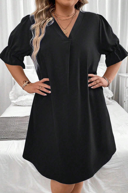 Black Ruffled Puff Sleeve V Neck Plus Size Mini Dress