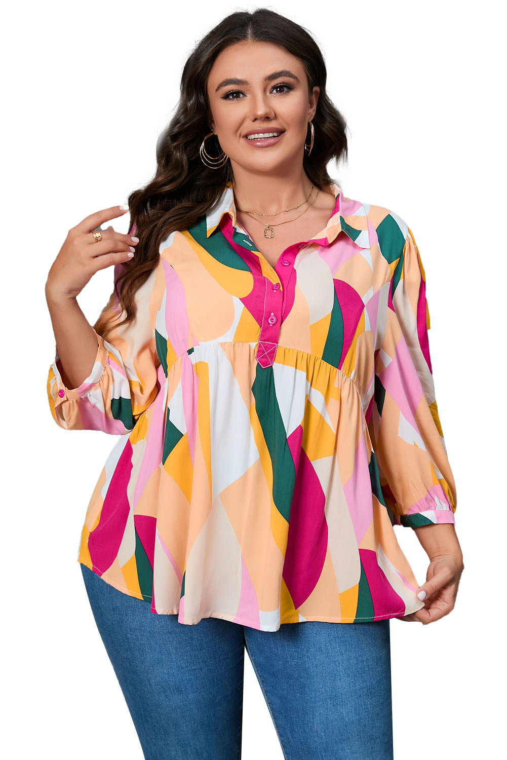 Ginger Plus Size Geometric Print Bracelet Sleeve Flowy Blouse