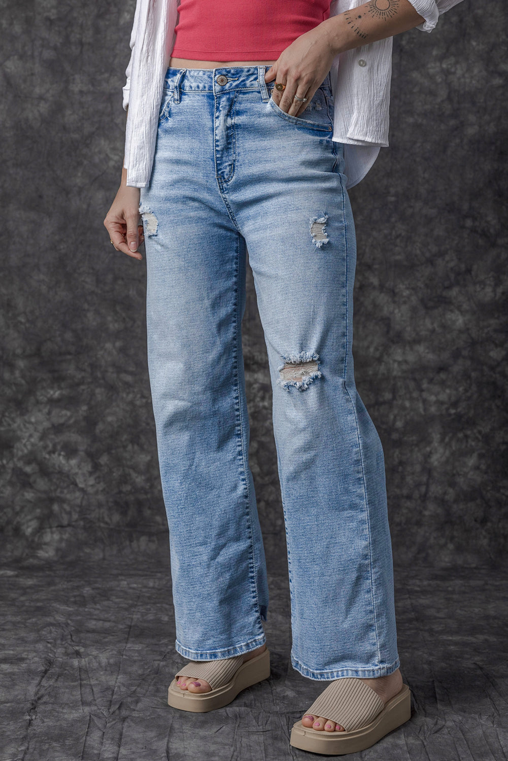 Light Blue High Rise Distressed Straight Leg Jeans