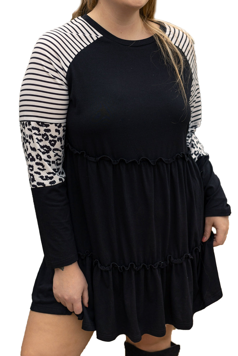 Black Plus Size Striped & Leopard Patch Sleeve Ruffle Tiered Dress