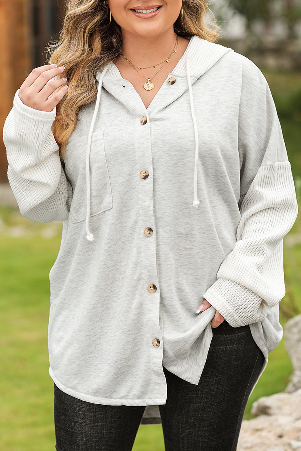 Gray Contrast Knitted Sleeves Plus Size Hoodie