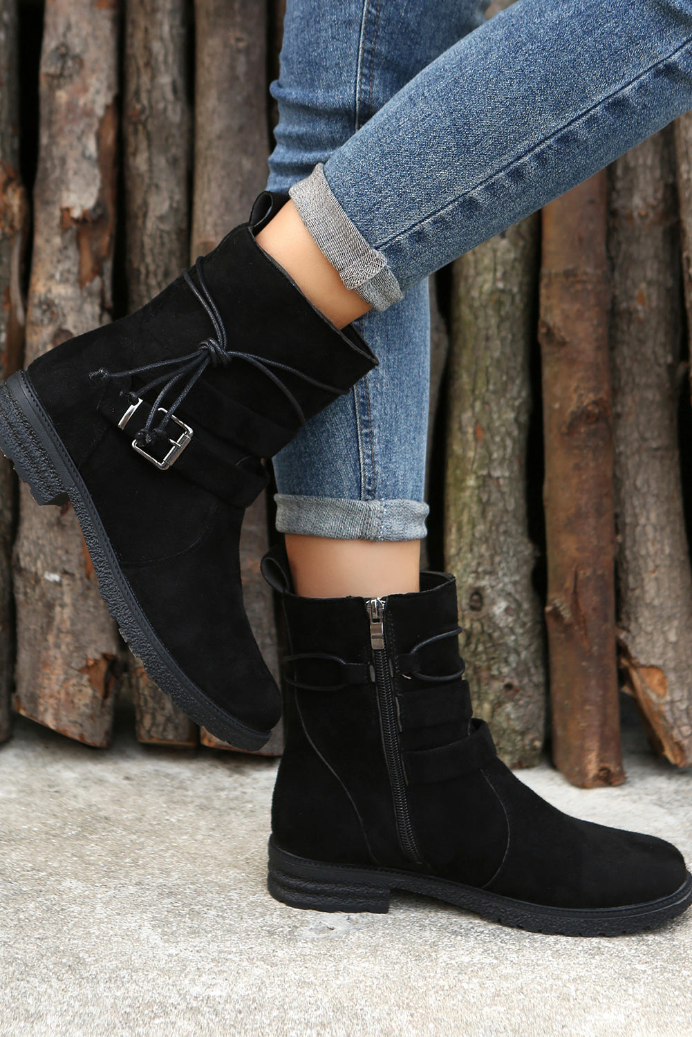 Brown Faux Suede Zip Up Buckle Straps Ankle Boots