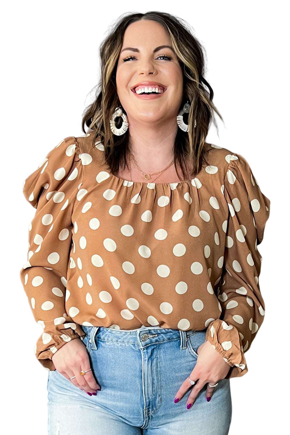 Khaki Plus Size Polka Dot Ruched Neckline Puff Sleeve Blouse