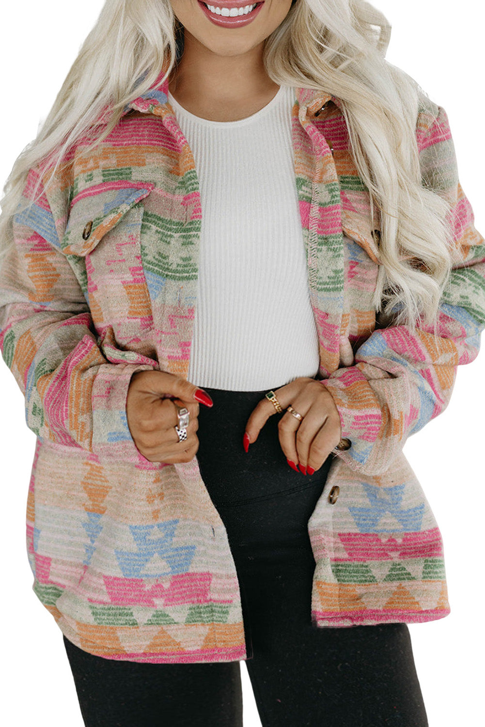 Multicolor Geometric Print Plus Size Flap Pockets Jacket